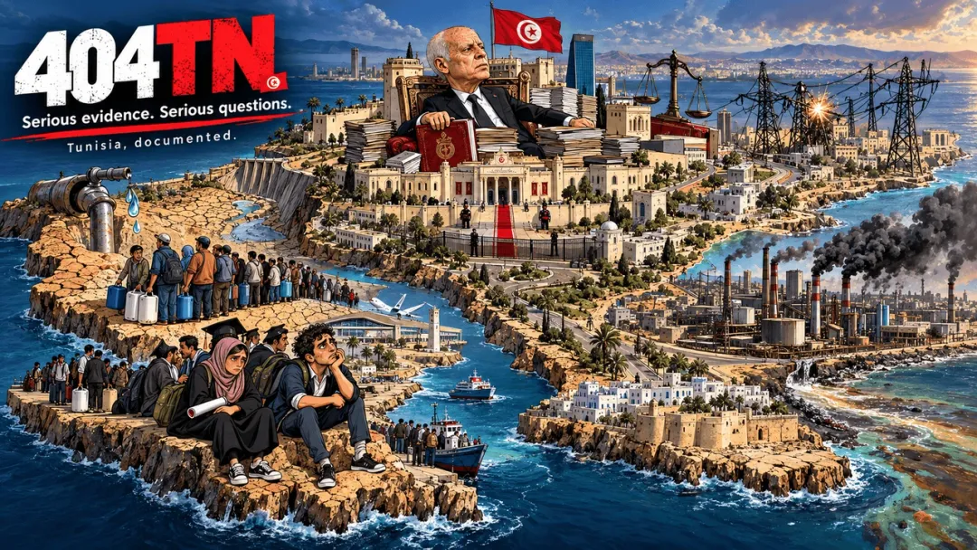 Editorial illustration representing economic, employment, environmental, water and institutional pressures in Tunisia.